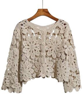 Bohemian Style Jacquard Hollow Crochet Embroidered Top Cream
